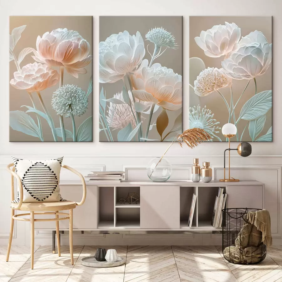wall murals Triptych with soft pale flowers m30489