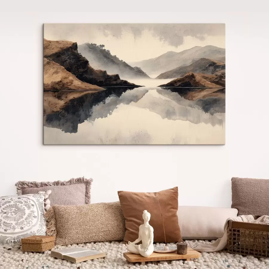 wall murals Misty mountains and lake with mirrored reflection s49186