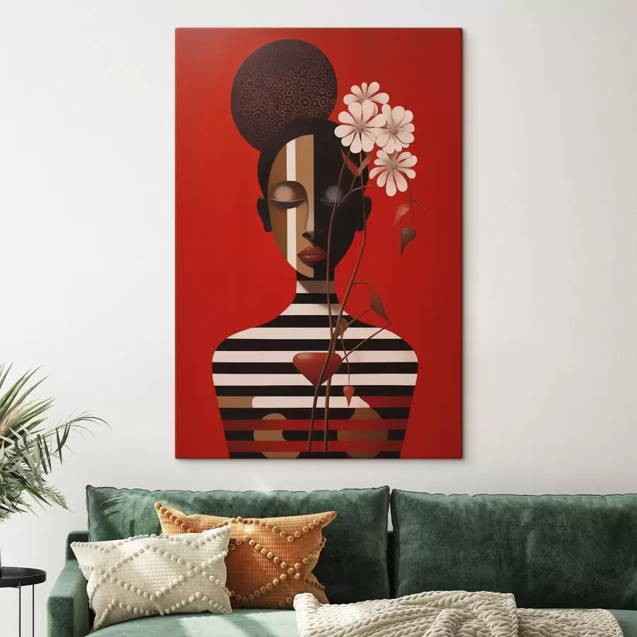wall murals Geometric portrait with flowers on red s49191