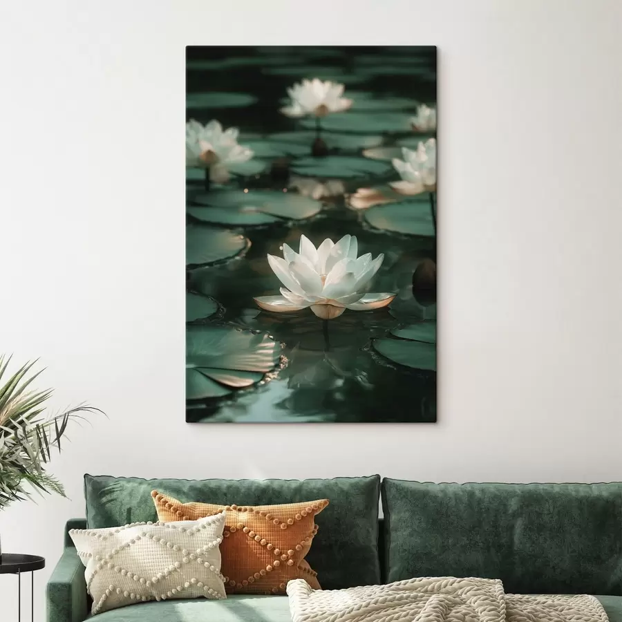 wall murals Pale lotus flowers on dark water s49197