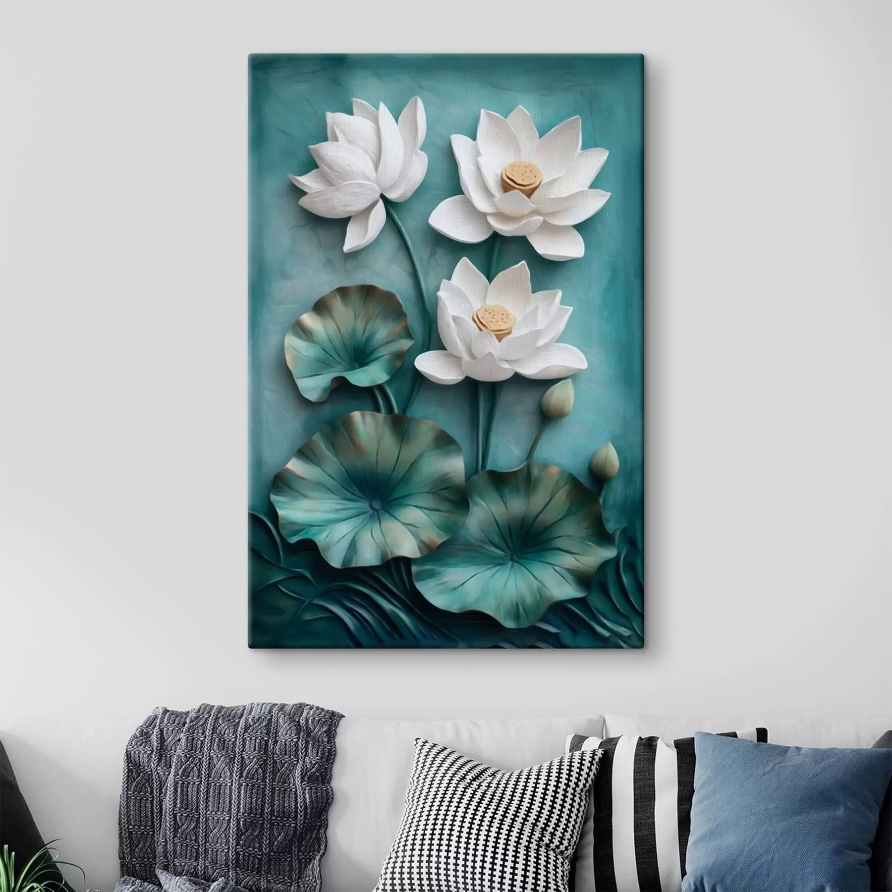 wall murals White lotuses and leaves on turquoise background s49204