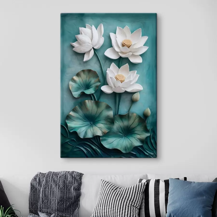 wall murals White lotuses and leaves on turquoise background s49204