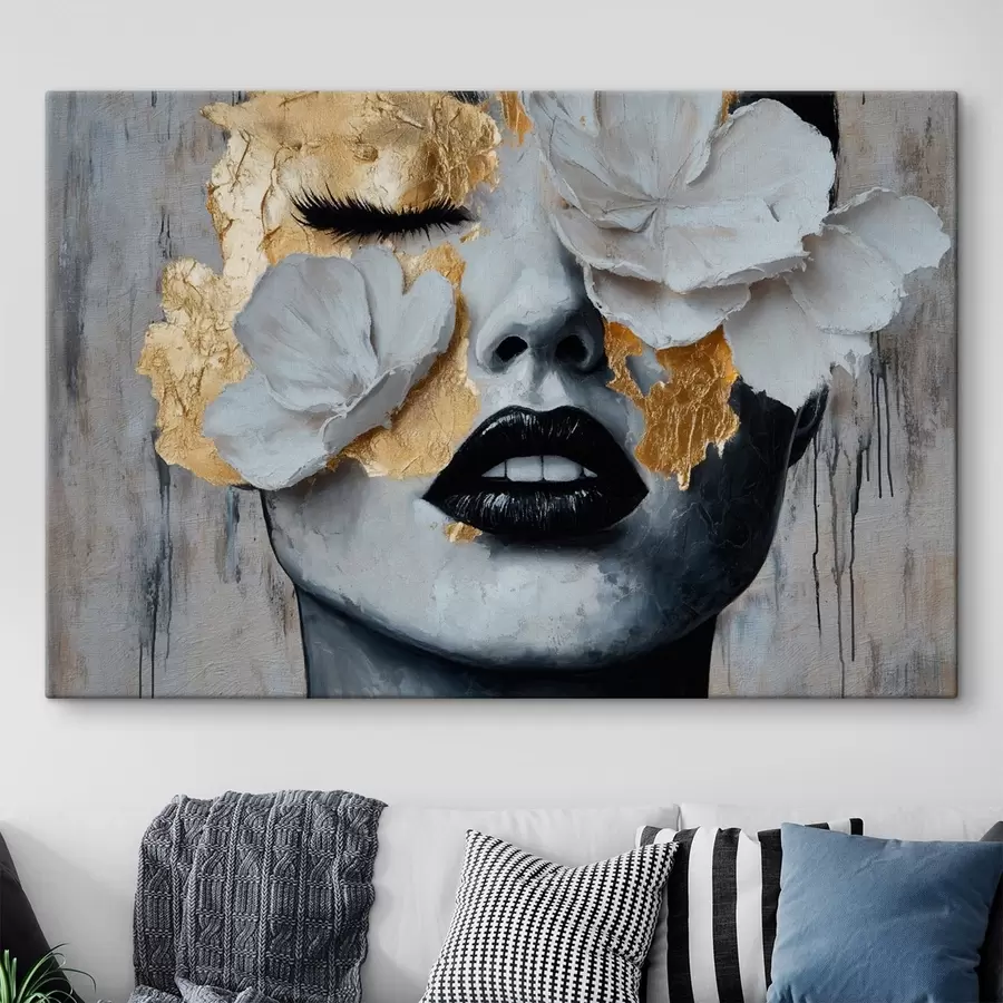 wall murals Contrasting female portrait with flowers s49206