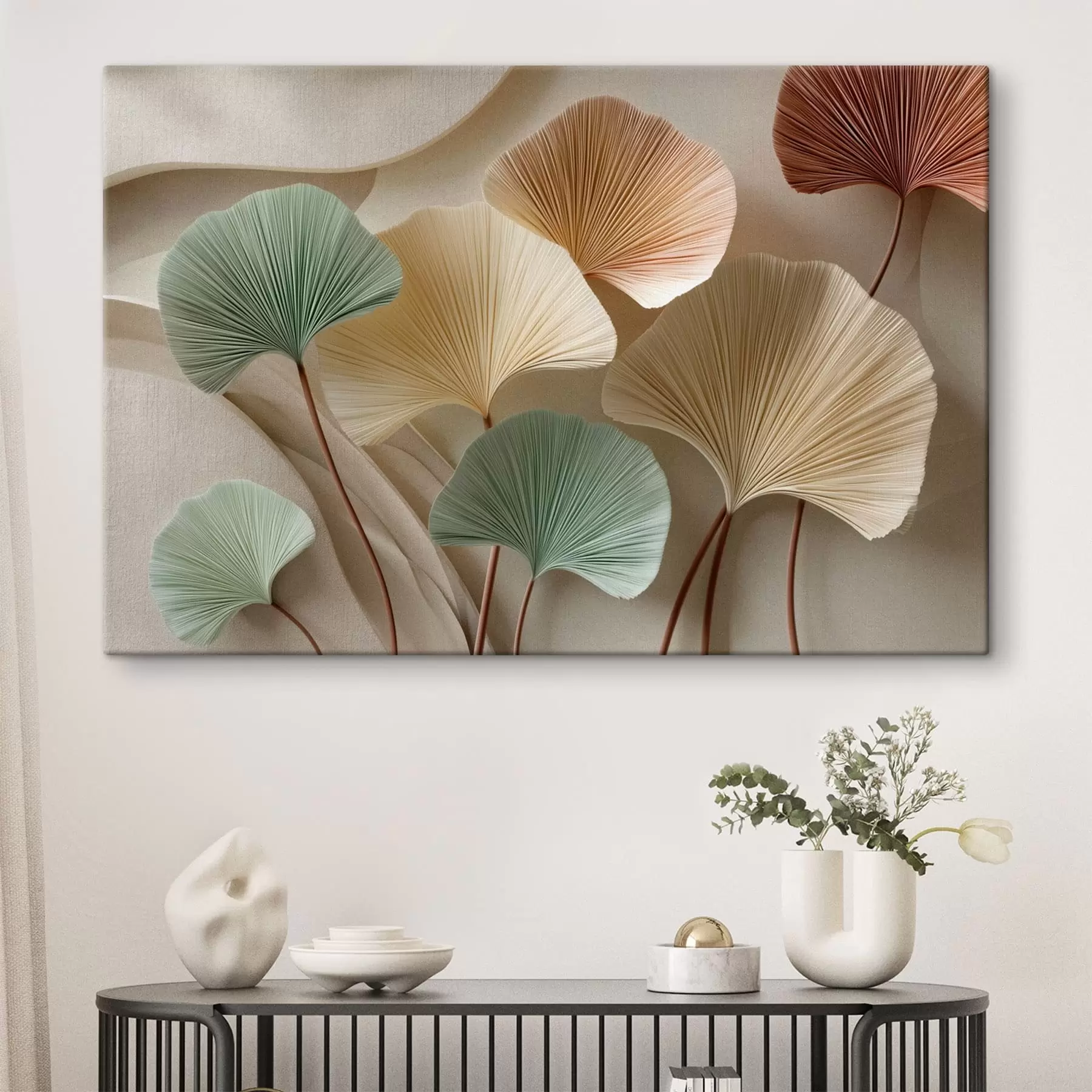 murales Hojas de ginkgo estilizadas en tonos suaves s49207