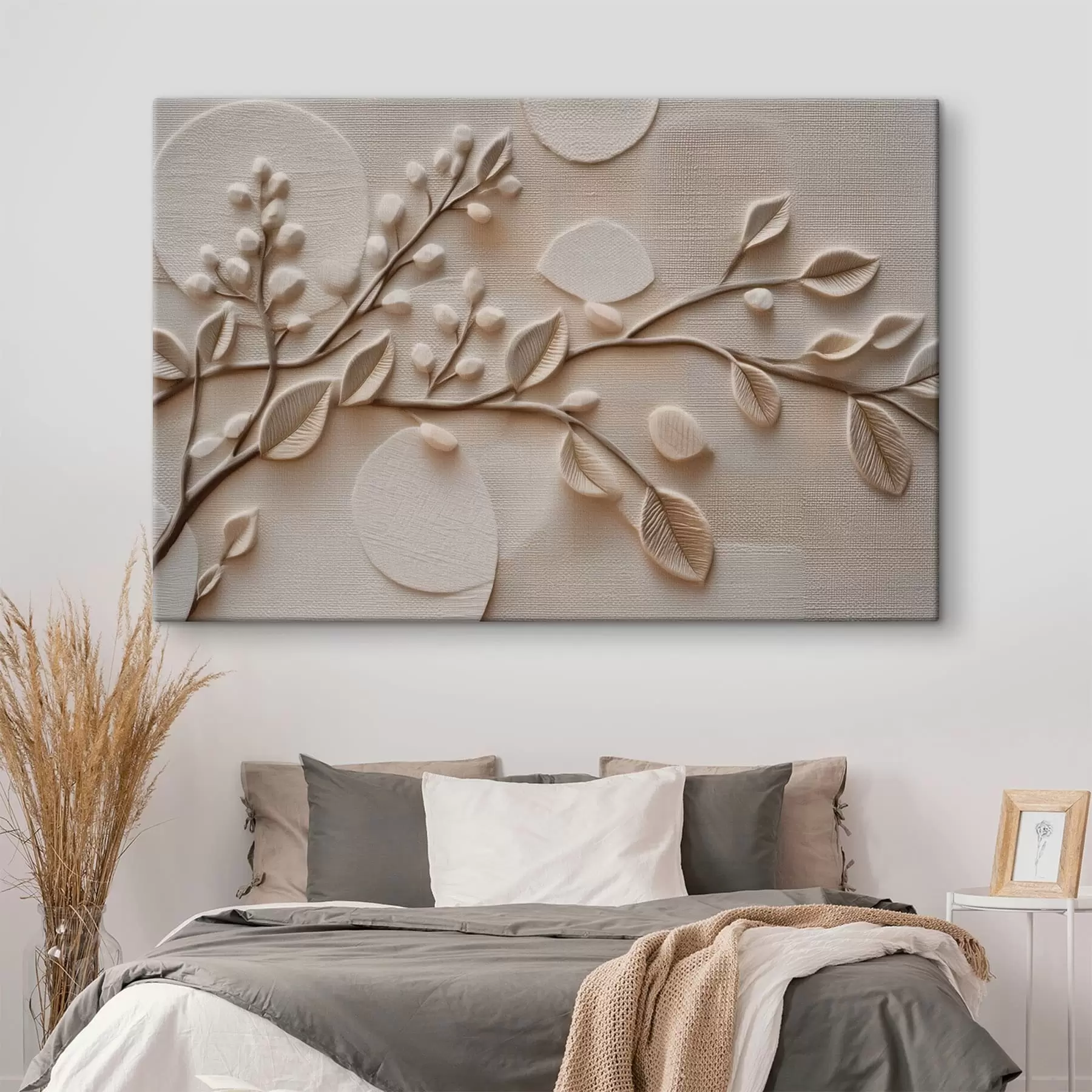 wall murals Embossed branches with leaves in neutral tones s49214