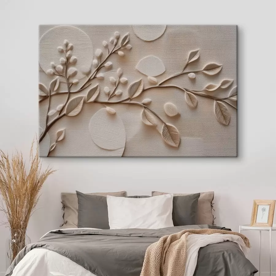 wall murals Embossed branches with leaves in neutral tones s49214