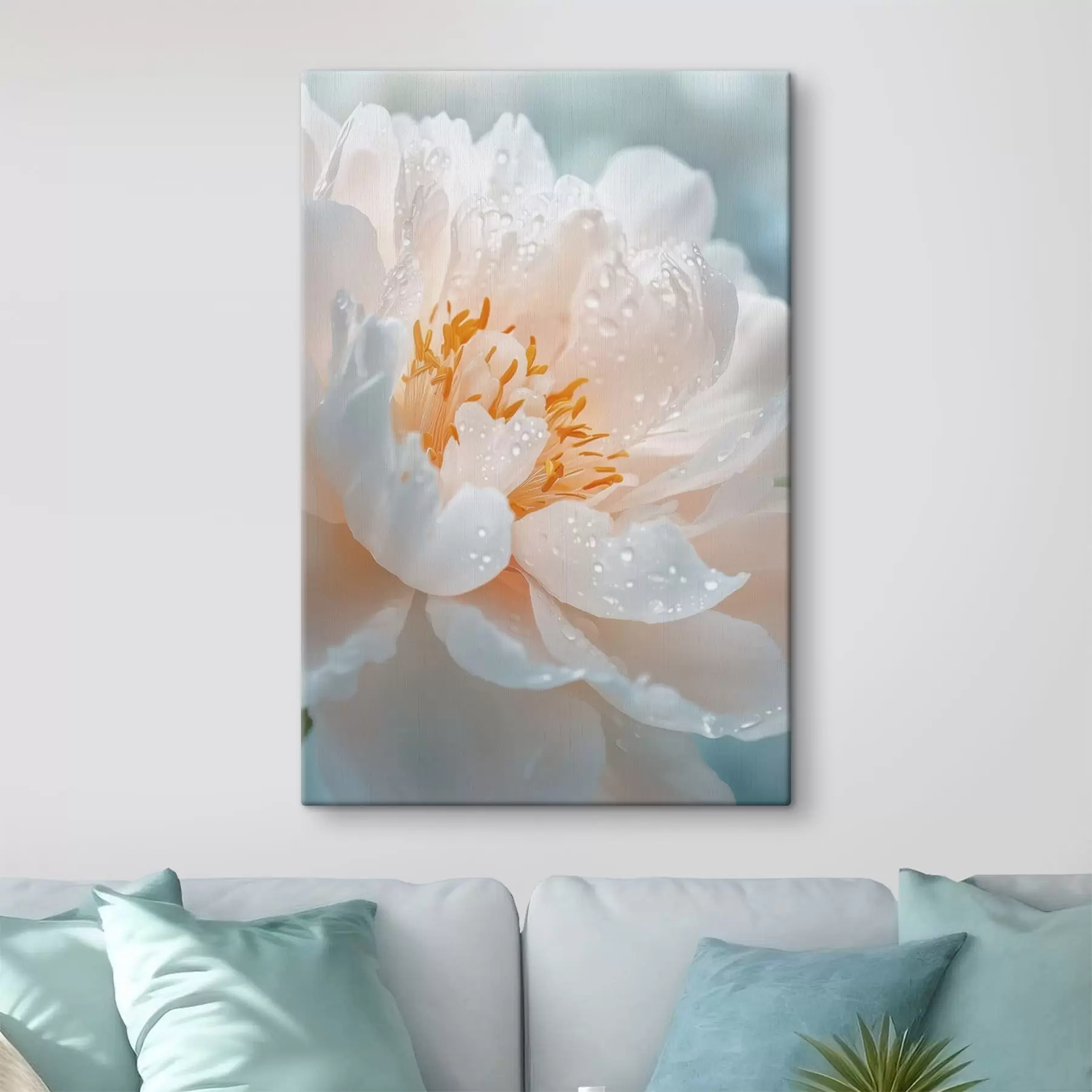 murales Macrofotografía de una flor con gotas de rocío y un suave resplandor s49223