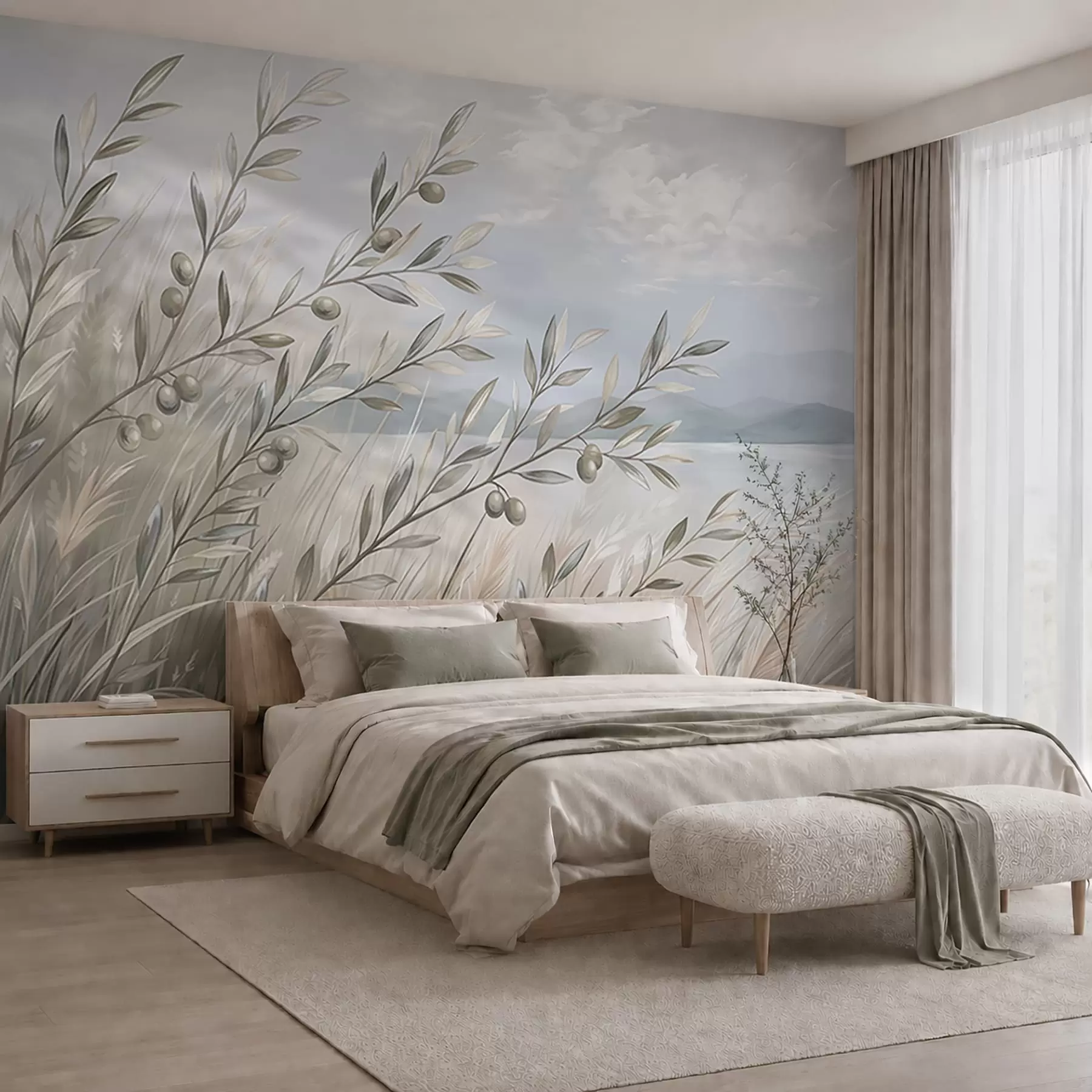 wall murals Olive branches among grasses by the lake w05536