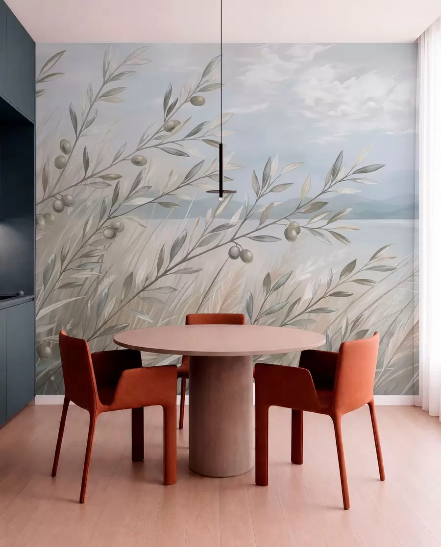 wall murals Olive branches among grasses by the lake w05536