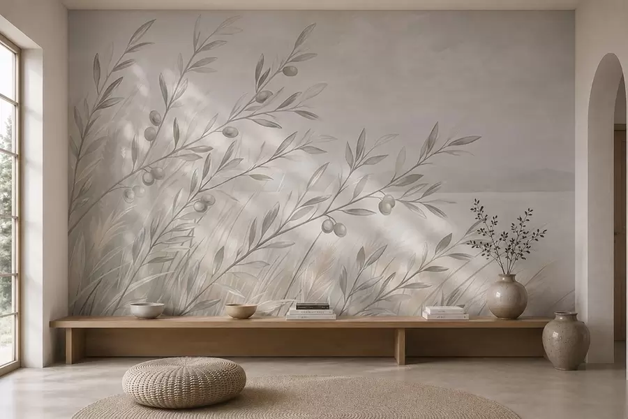 wall murals Pale olive branches by a calm lake w05536v1