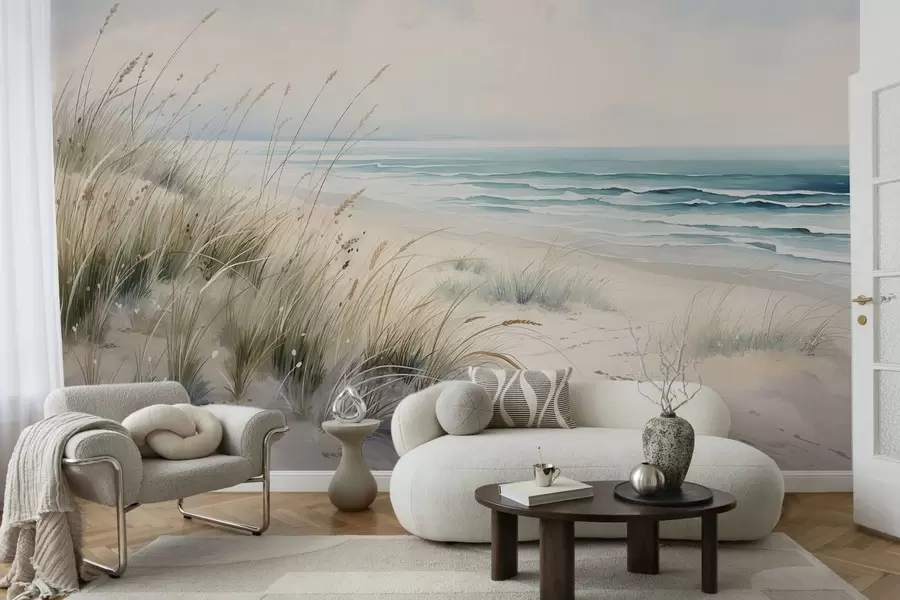 peintures murales Une plage de sable avec des vagues et des dunes w05537