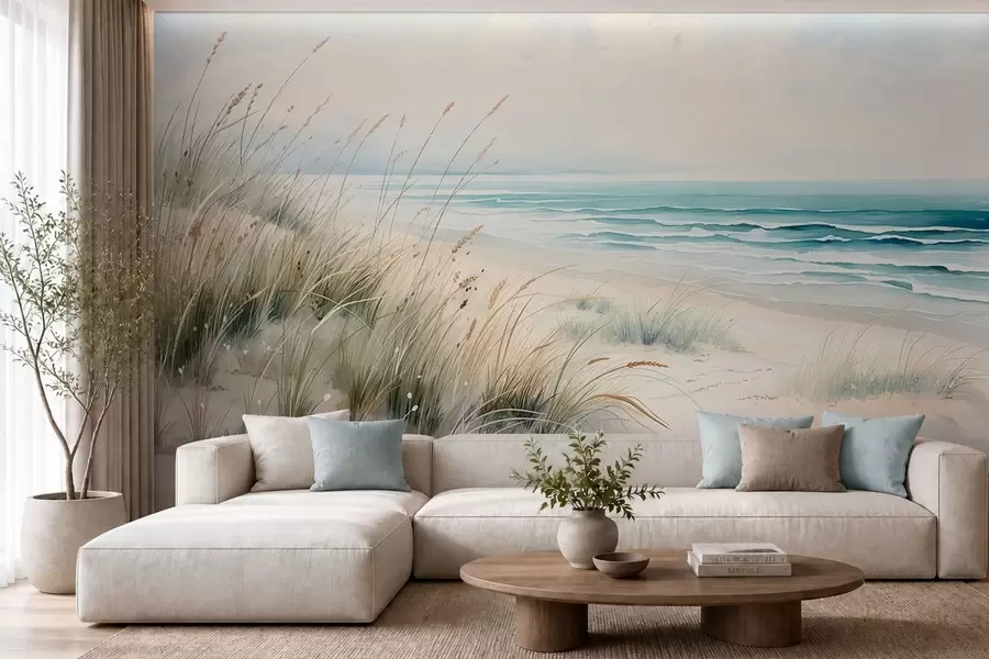 peintures murales Une plage de sable avec des vagues et des dunes w05537
