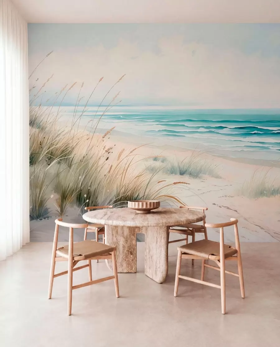 wall murals Sandy beach with waves and dunes w05537