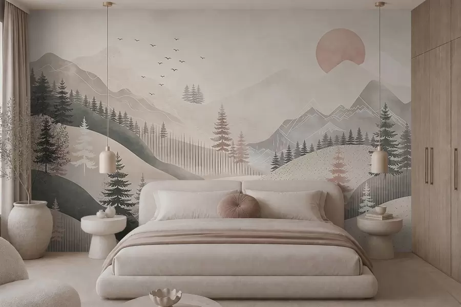 Wall Mural Photo Wallpaper Minimal mountain landscape with pine trees w05626
