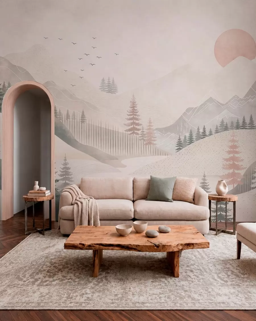 Wall Mural Photo Wallpaper Minimal mountain landscape with pine trees w05626