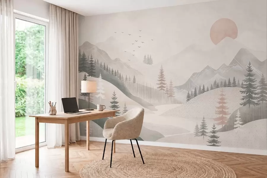 Wall Mural Photo Wallpaper Minimal mountain landscape with pine trees w05626