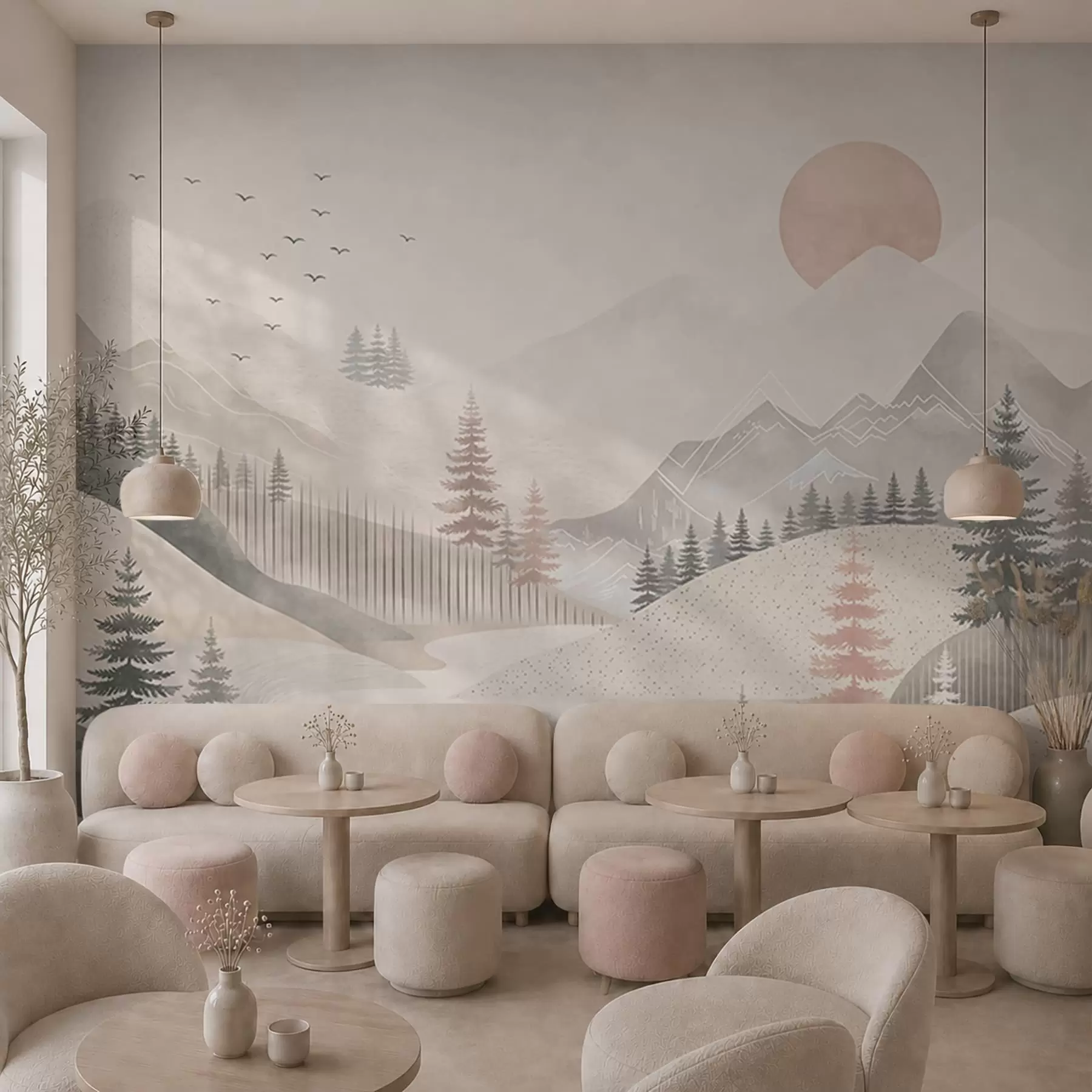 Wall Mural Photo Wallpaper Minimal mountain landscape with pine trees w05626