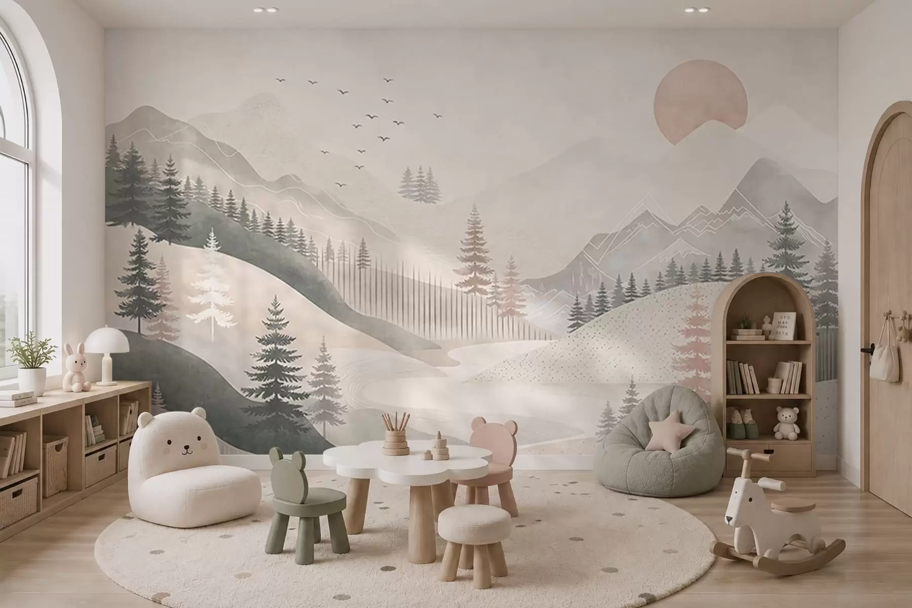 wall murals Minimal mountain landscape with pine trees w05626
