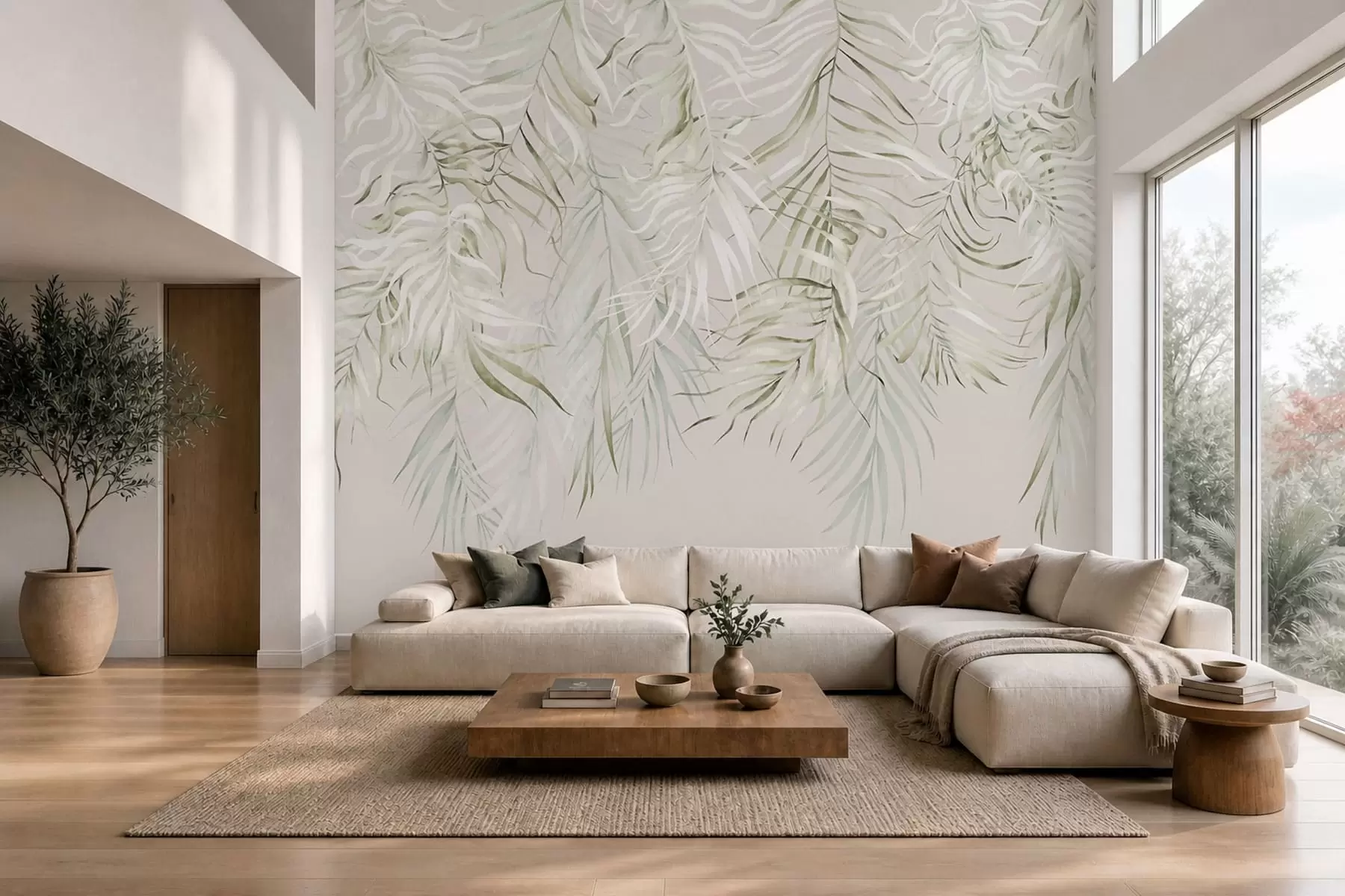 peintures murales Feuilles tropicales aux couleurs pastel sur fond clair w05627