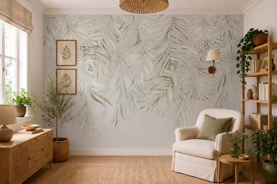peintures murales Feuilles tropicales aux couleurs pastel sur fond clair w05627