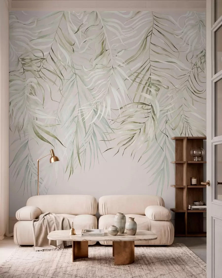 peintures murales Feuilles tropicales aux couleurs pastel sur fond clair w05627