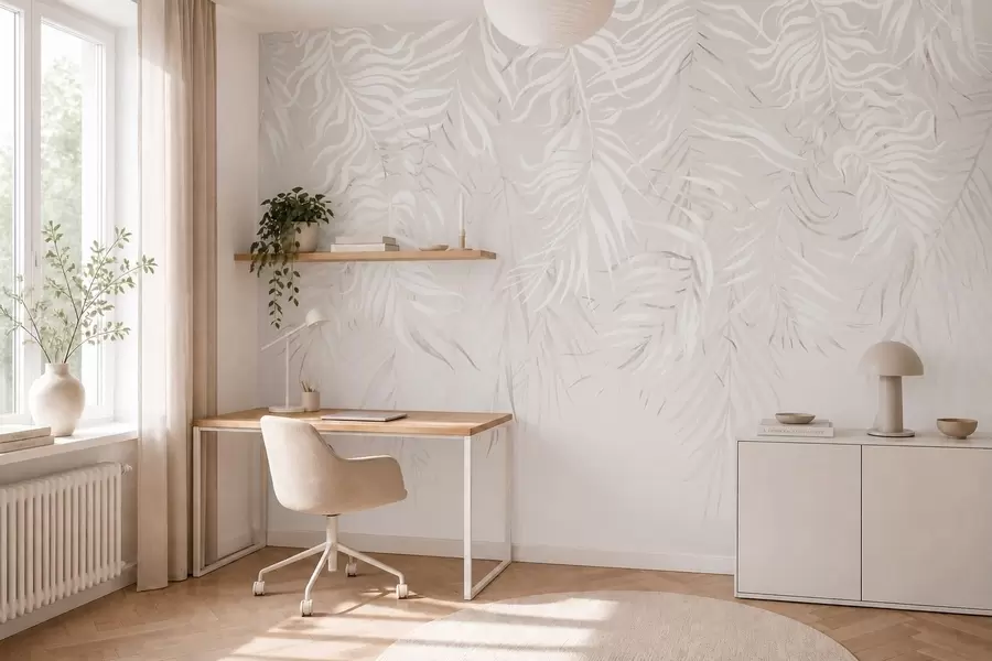 murales Hojas tropicales blancas sobre fondo claro w05627v1
