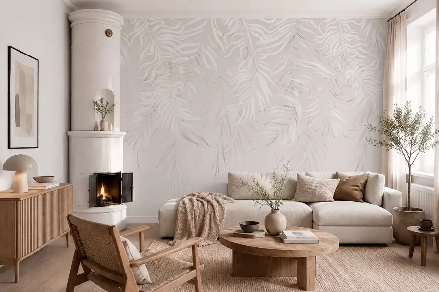 peintures murales Feuilles tropicales blanches sur fond clair w05627v1