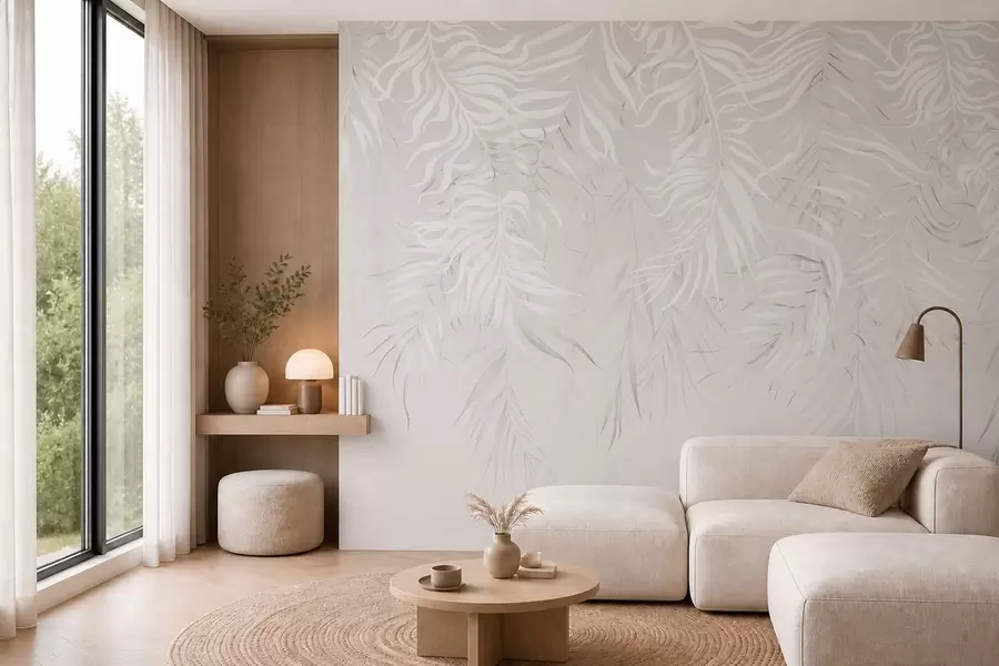 murales Hojas tropicales blancas sobre fondo claro w05627v1