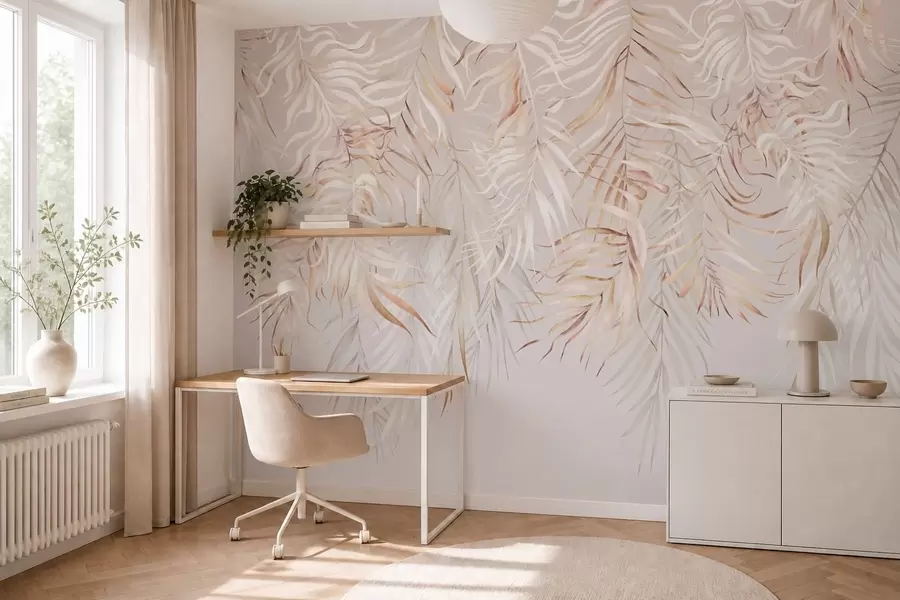 peintures murales Feuilles tropicales claires sur fond beige w05627v2