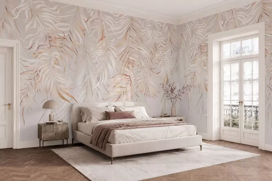 murales Hojas tropicales claras sobre fondo beige w05627v2