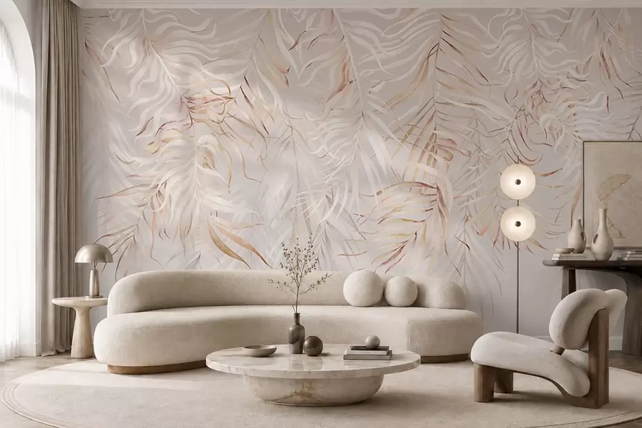 murales Hojas tropicales claras sobre fondo beige w05627v2