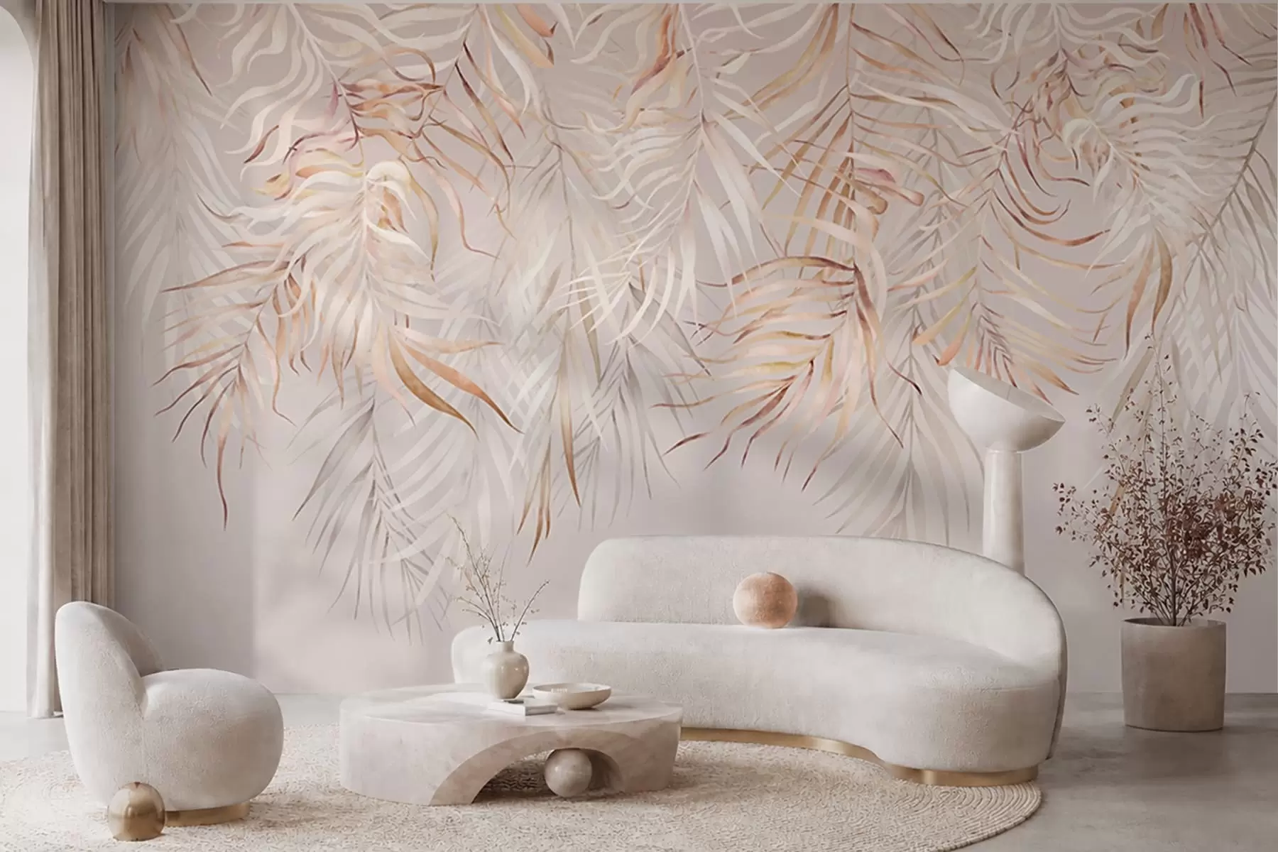 murales Hojas tropicales claras sobre fondo beige w05627v2