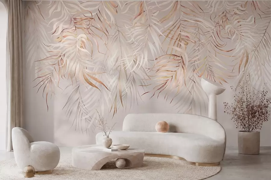 Wall Mural Photo Wallpaper Light tropical leaves on beige background w05627v2