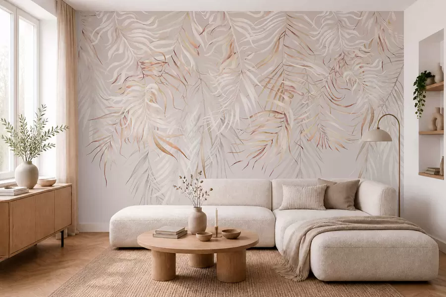peintures murales Feuilles tropicales claires sur fond beige w05627v2