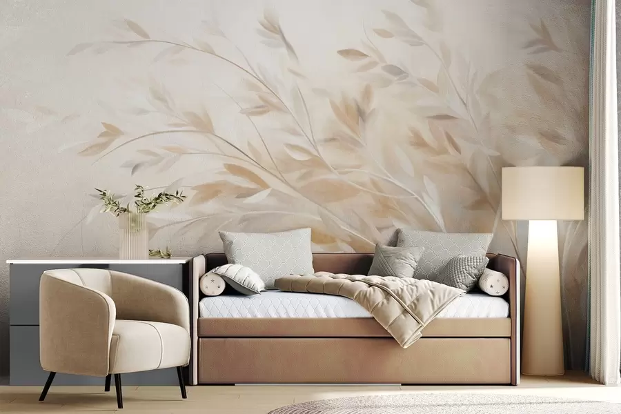 Wall Mural Photo Wallpaper Textured grass stalks with leaves, swaying gently against a soft, muted background w09752