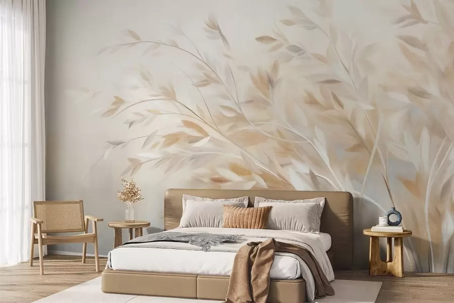 murales Tallos de hierba con textura y hojas, que se mecen suavemente sobre un fondo suave y apagado w09752