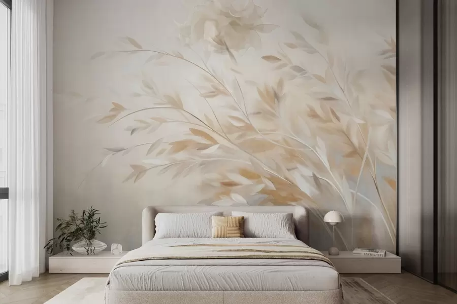 Wall Mural Photo Wallpaper Textured grass stalks with leaves, swaying gently against a soft, muted background w09752