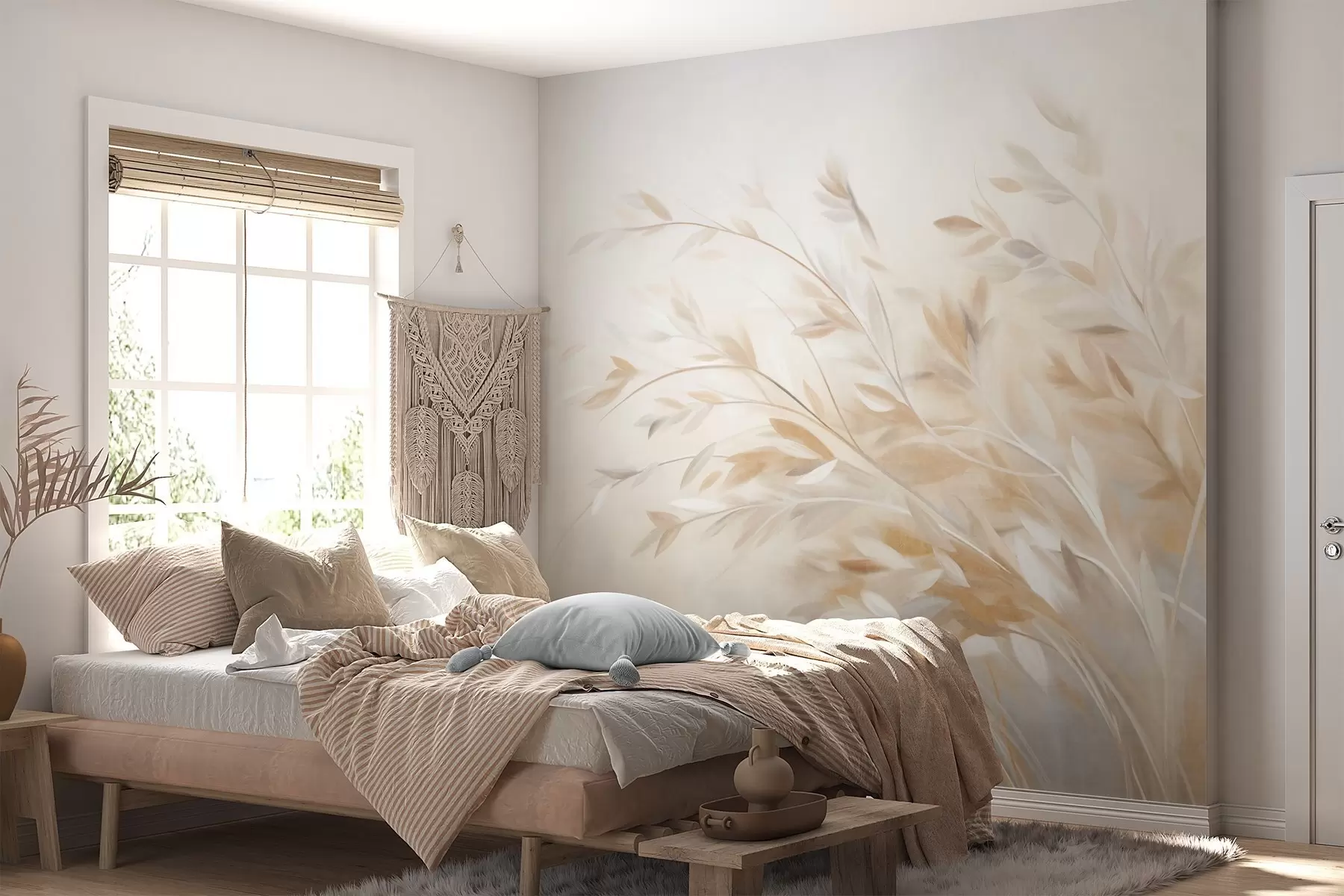murales Tallos de hierba con textura y hojas, que se mecen suavemente sobre un fondo suave y apagado w09752