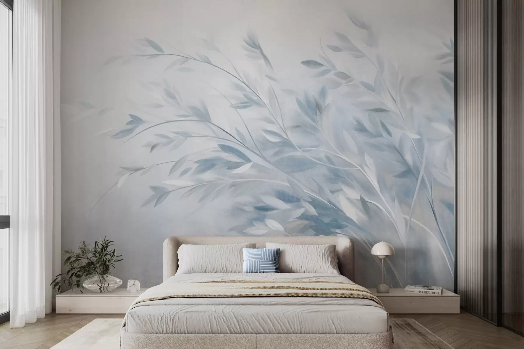 wall murals Textured grass stalks with leaves, swaying gently against a soft, muted background w09752v1