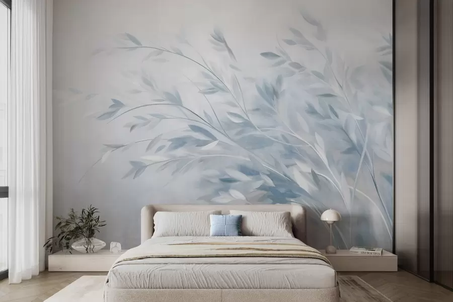 Wall Mural Photo Wallpaper Textured grass stalks with leaves, swaying gently against a soft, muted background w09752v1