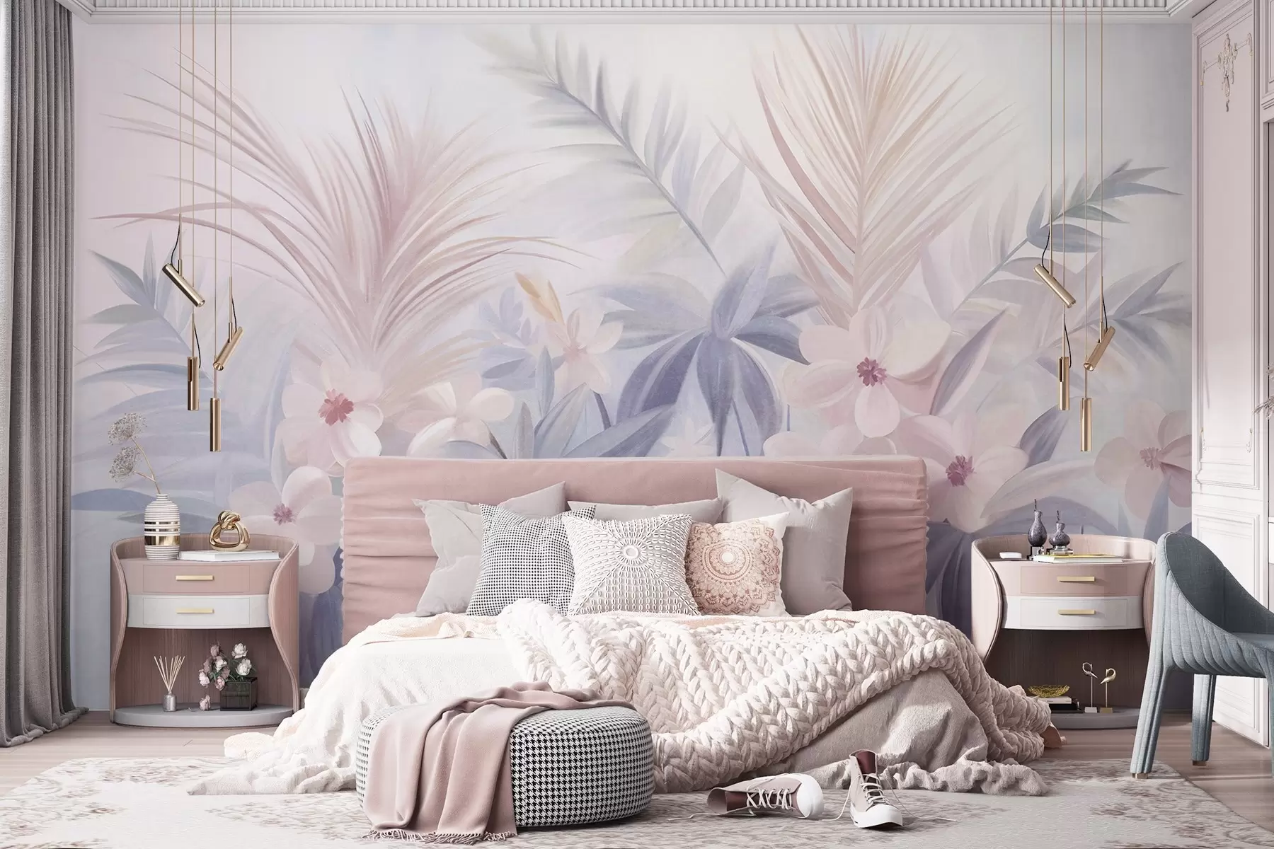 Wall Mural Photo Wallpaper Tropical flowers and palm leaves in muted shades of blue and pink, painting style w09832
