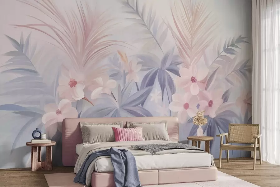wall murals Tropical flowers and palm leaves in muted shades of blue and pink, painting style w09832
