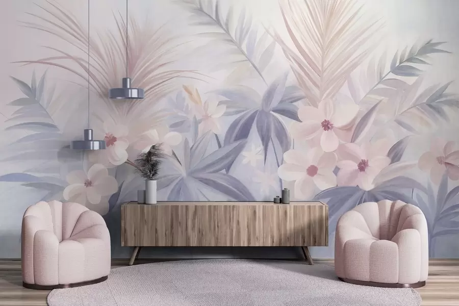 Wall Mural Photo Wallpaper Tropical flowers and palm leaves in muted shades of blue and pink, painting style w09832