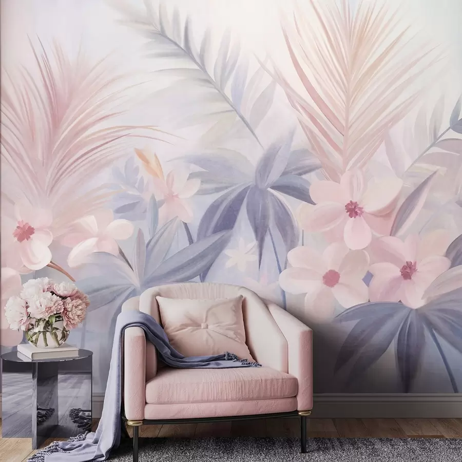wall murals Tropical flowers and palm leaves in muted shades of blue and pink, painting style w09832