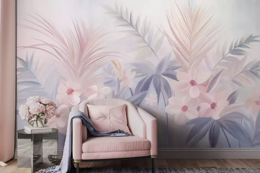 peintures murales Fleurs tropicales et feuilles de palmier dans des tons doux de bleu et de rose, style peinture w09832