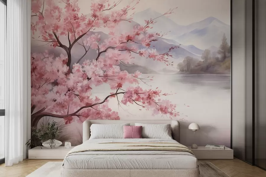 Wall Mural Photo Wallpaper Landscape art, a tree with pink blossoms, a lake and misty mountains in the background w09870