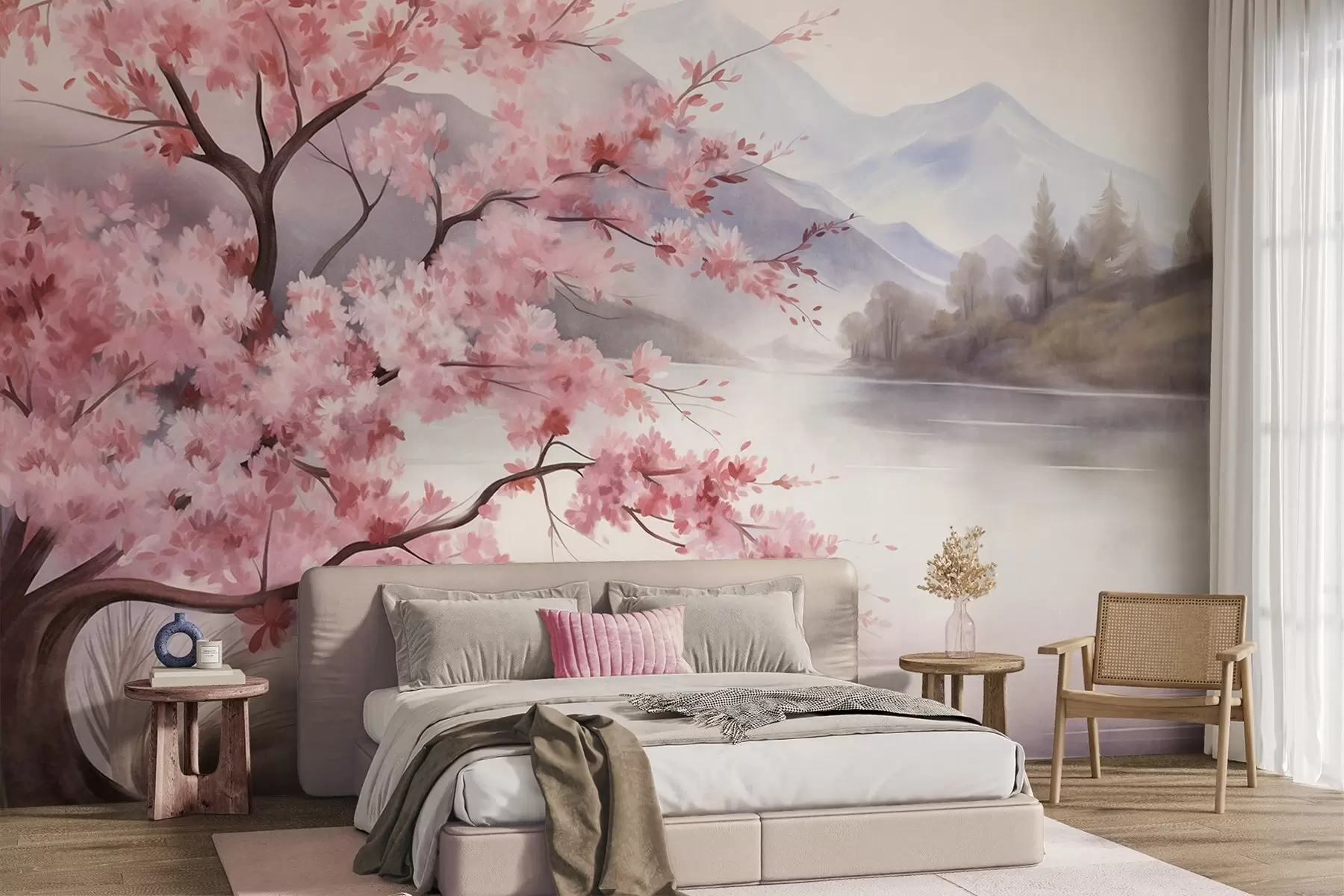 wall murals Landscape art, a tree with pink blossoms, a lake and misty mountains in the background w09870