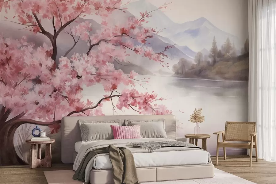 wall murals Landscape art, a tree with pink blossoms, a lake and misty mountains in the background w09870