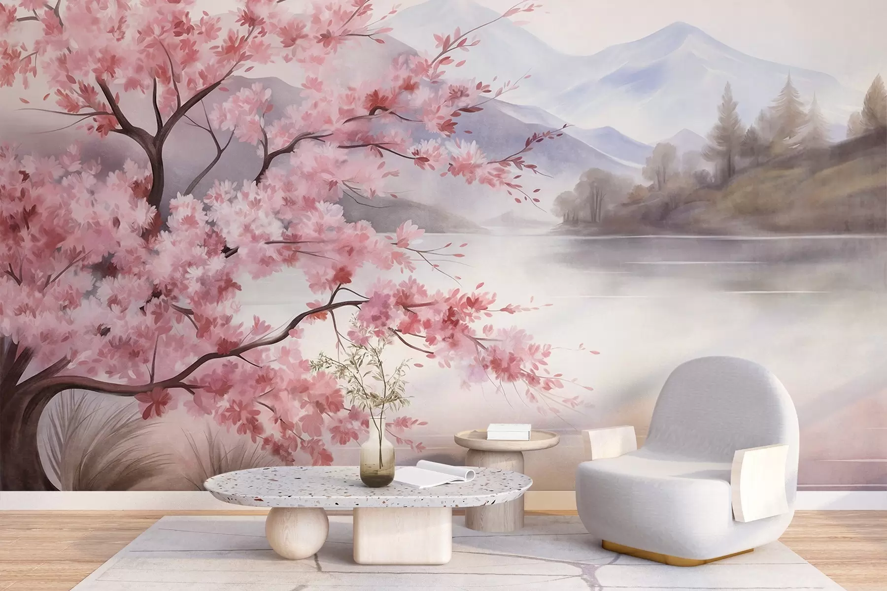 peintures murales Une peinture de paysage représentant un arbre en fleurs roses, un lac et des montagnes brumeuses en arrière-plan w09870