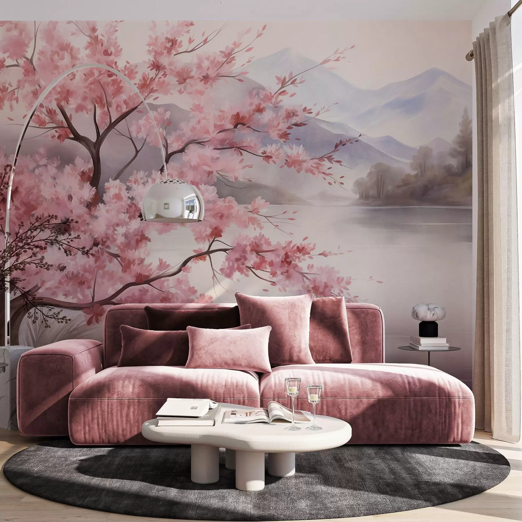 Wall Mural Photo Wallpaper Landscape art, a tree with pink blossoms, a lake and misty mountains in the background w09870